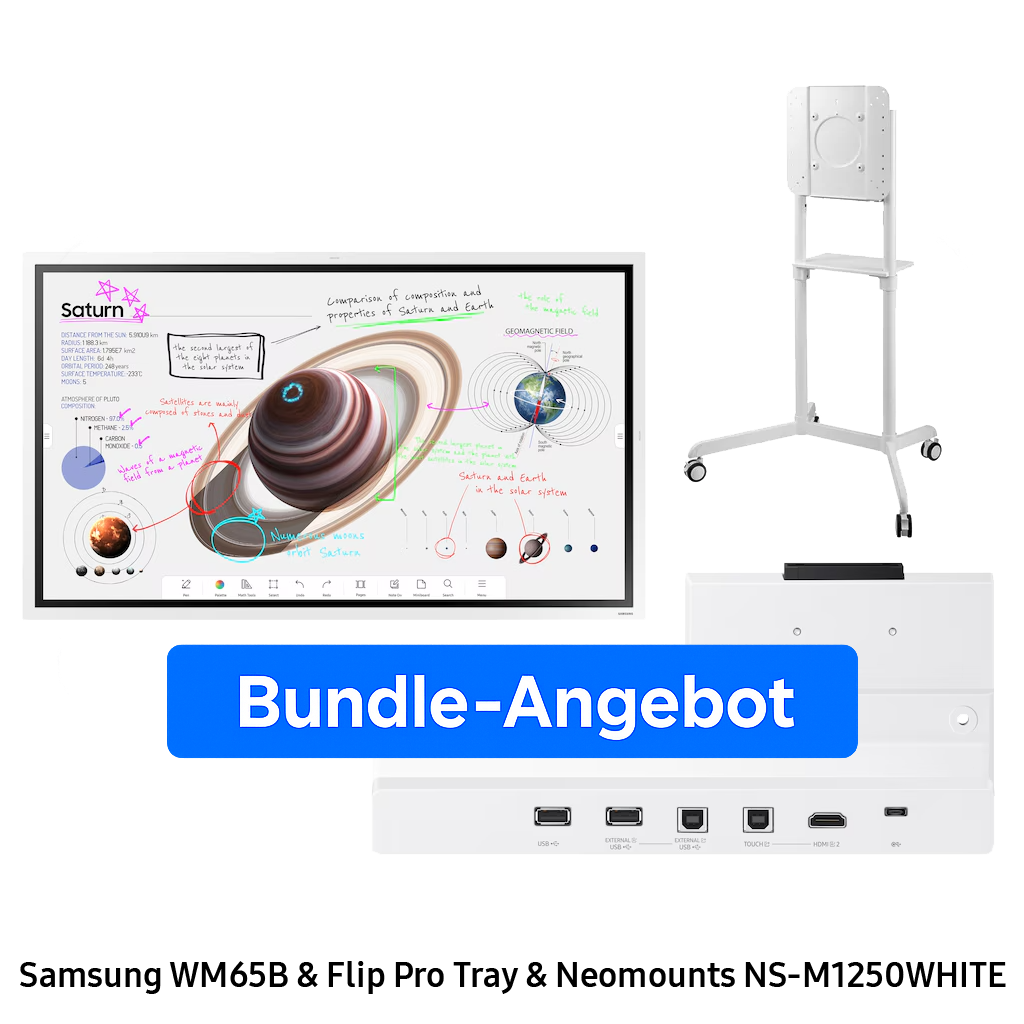 Samsung Flip Pro WM65B Bundle - 65 Zoll Flipchart & Neomounts NS-M1250WHITE Rollwagen & CY-TF65BBC Flip Pro Tray Anschlussboard