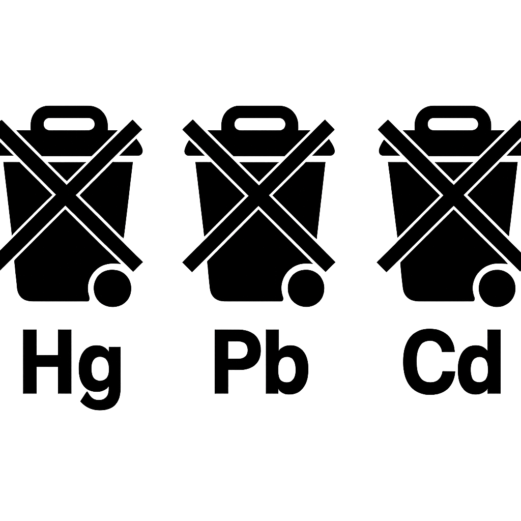 Durchgestrichene Mülltonnen-Symbole mit Hg, Pb, Cd